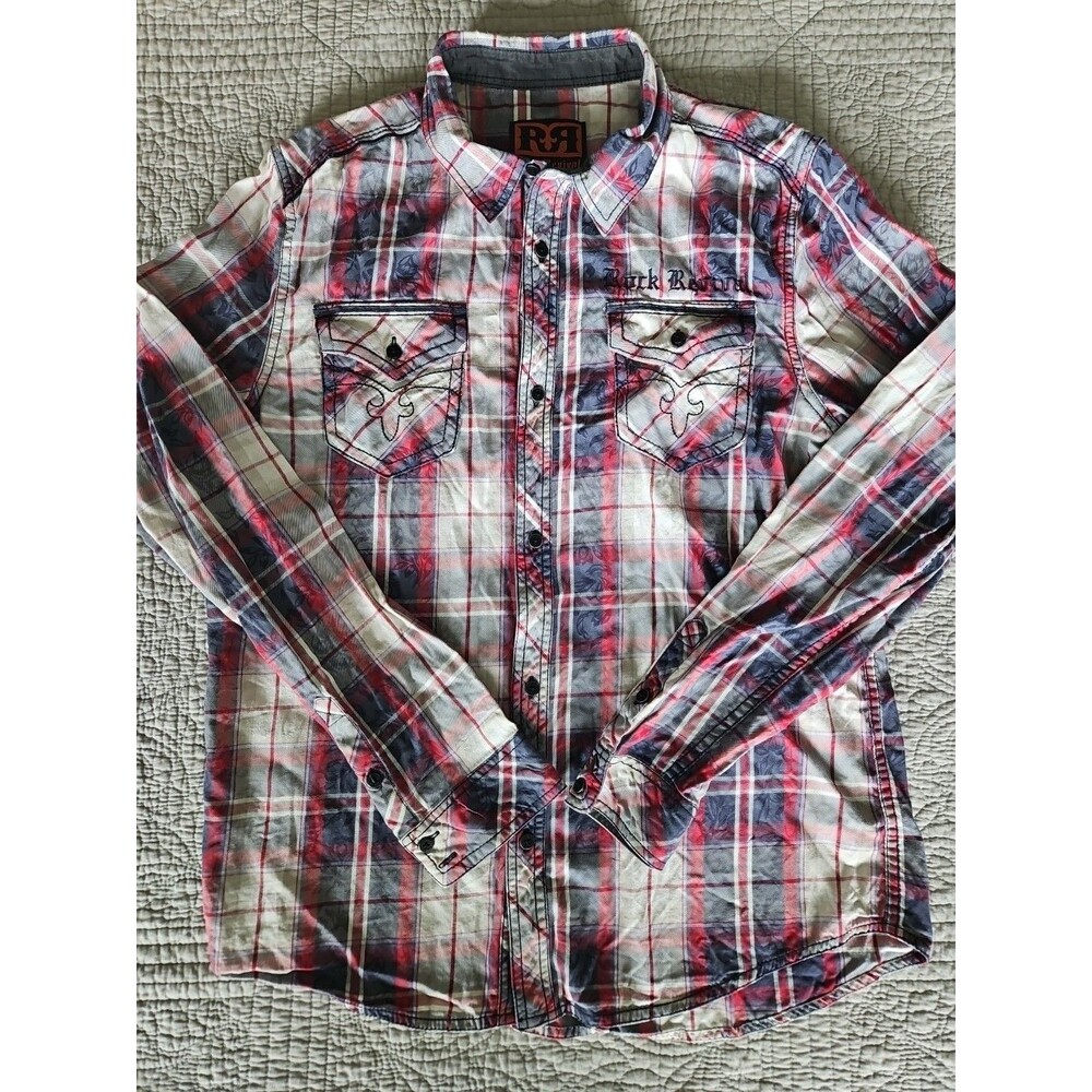 Rock Revival Mens Button Up Red White Plaid Long Sleeve Shirt Size Large Western